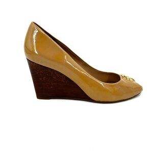 TORY BURCH *Flawed* Tan Beige Patent Leather Peep Toe Slip On Wedges Shoes 10